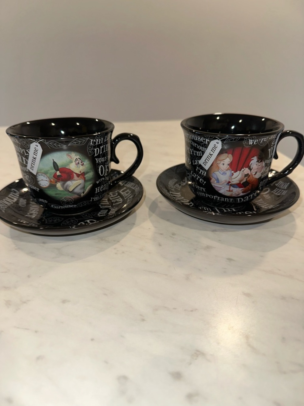 RARE!! New Disney Alice in Wonderland Black Teacup & Saucer Sets - 2 sided